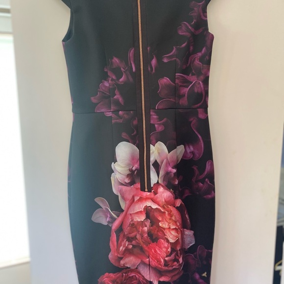Ted Baker Black Midi Dress with Pink & Purple Floral Print - Picture 2 of 7